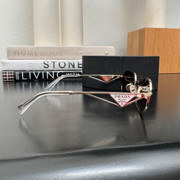 BRAND NEW in BOX Prada Symbole Sunglasses white triangle logo pale gold frame! - Picture 3 of 15
